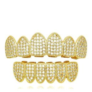 18K Gold Plated Iced-Out Top & Bottom Grillz Set With Adjustable Fit
